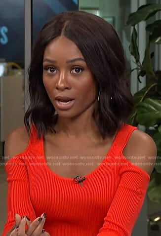 Zuri's red cold-shoulder ribbed top on Live from E!