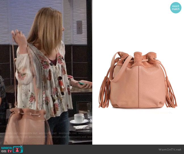 American Eagle Drawstring Leather Bucket Bag worn by Kiki Jerome (Hayley Erin) on General Hospital