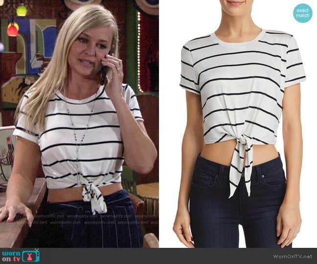 Aqua Tie-Front Cropped Striped Tee worn by Sharon Newman (Sharon Case) on The Young and the Restless