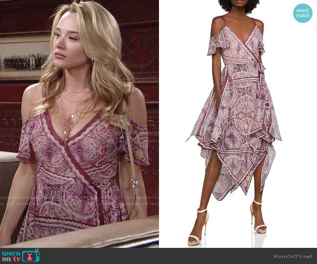 Bcbgmaxazria Cold-Shoulder Festival Paisley Wrap Dress worn by Summer Newman (Hunter King) on The Young and the Restless