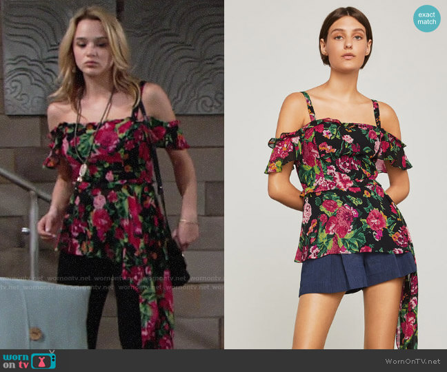 Bcbgmaxazria Off-The-Shoulder Floral Drape Top worn by Summer Newman (Hunter King) on The Young and the Restless