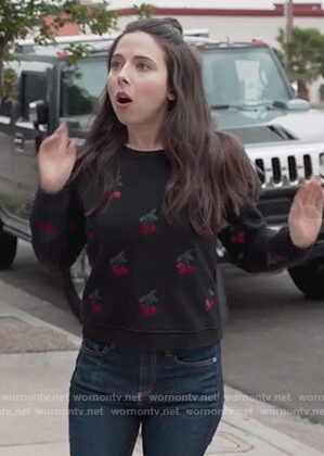 Esther's black cherry embroidered sweatshirt on Alone Together