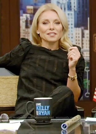 Kelly's black puff shoulder blouse and embroidered pants on Live with Kelly and Ryan