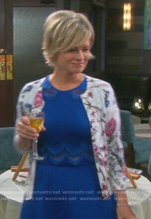 Kayla’s blue embroidered dress and floral cardigan on Days of our Lives