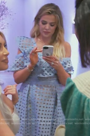 Khloe's blue one off shoulder ruffle lace dress on Keeping Up with the Kardashians