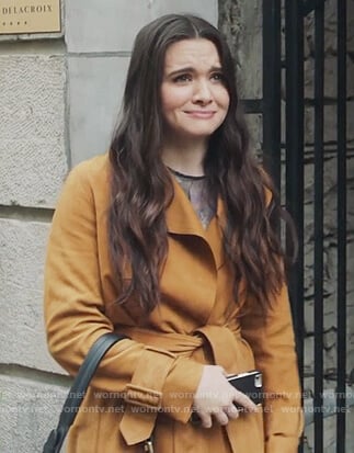 Jane's brown suede trench coat on The Bold Type