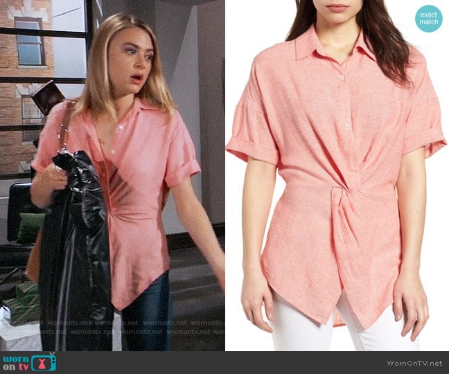 Caslon Twist Front Linen Blend Shirt in Coral Rose worn by Kiki Jerome (Hayley Erin) on General Hospital