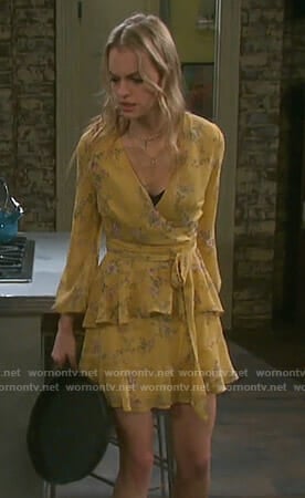 Claire’s yellow floral wrap dress on Days of our Lives