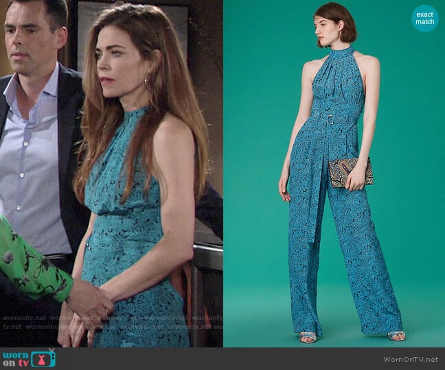 Diane von Furstenberg Halter Neck Belted Jumpsuit in Calloway Black worn by Victoria Newman (Amelia Heinle) on The Young and the Restless