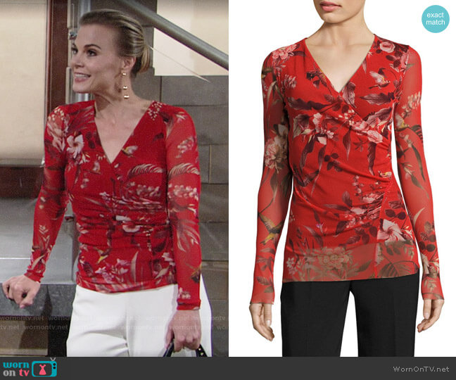 Fuzzi Humming Bird Print Surplice Top worn by Phyllis Newman (Gina Tognoni) on The Young and the Restless