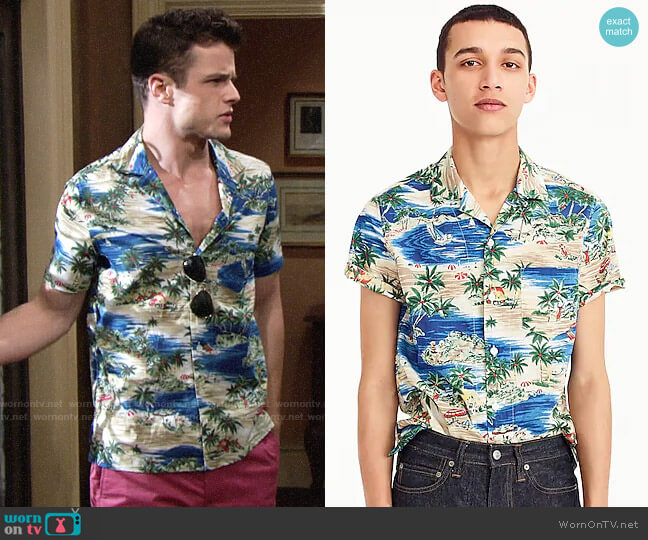 J. Crew Short-sleeve slub cotton shirt in island print worn by Kyle Abbott (Michael Mealor) on The Young and the Restless