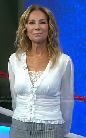 Kathie’s white ruffled v-neck blouse on Today