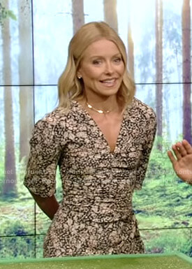 Kelly’s black printed v-neck dress on Live with Kelly and Ryan