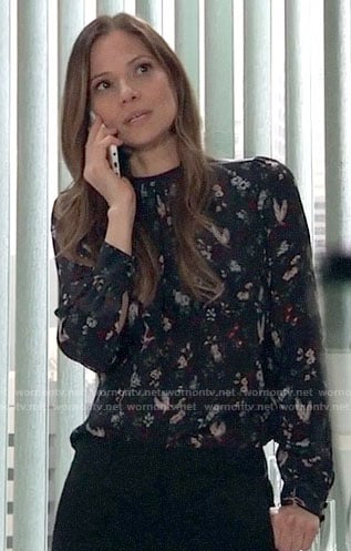 Kim’ black floral and bird print blouse on General Hospital