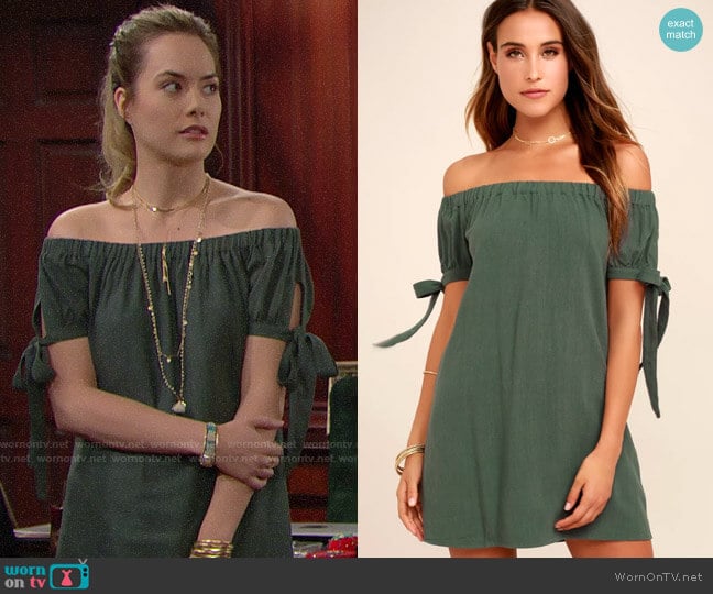 Lulus Al Fresco Evenings Olive Green Off-the-shoulder Dress worn by Hope Logan (Annika Noelle) on The Bold and the Beautiful