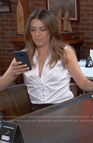 Margaux’s white sleeveless button front top on General Hospital