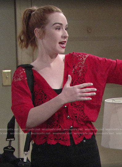 Mariah’s red lace button front top on The Young and the Restless