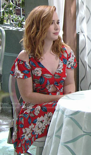 Mariah's red floral cold-shoulder dress on The Young and the Restless