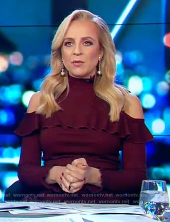 Carrie's maroon cold shoulder mini dress on The Project