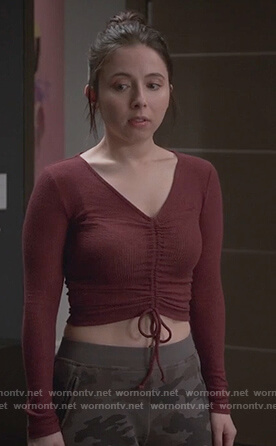 Esther’s maroon ruched front crop top on Alone Together