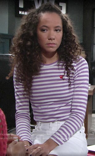 Mattie’s purple striped heart tee on The Young and the Restless