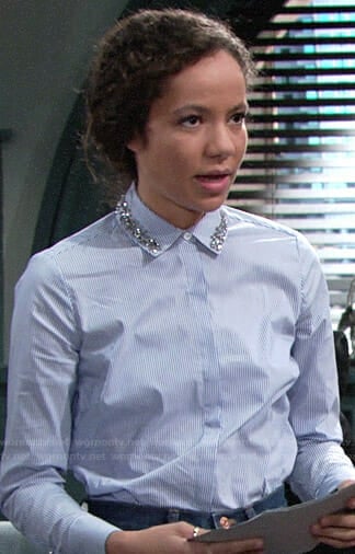 Mattie’s blue striped shirt with embellished collar on The Young and the Restless