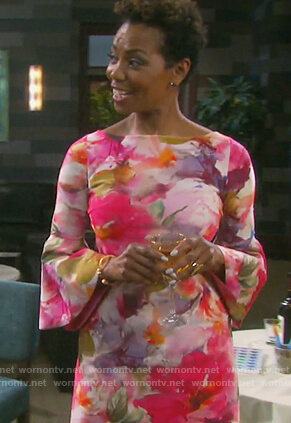 Valerie’s pink floral print bell sleeve dress on Days of our Lives