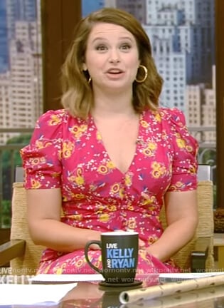 Katie Lowes pink floral v-neck dress on Live with Kelly and Ryan