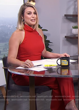 Carissa’s red mock neck jumpsuit on E! News Daily Pop