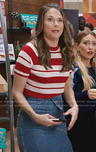 Liza's red and white striped ribbed top and denim skirt on Younger
