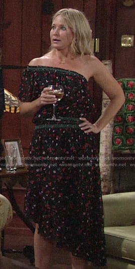 Sharon's black floral one-shoulder dress on The Young and the Restless