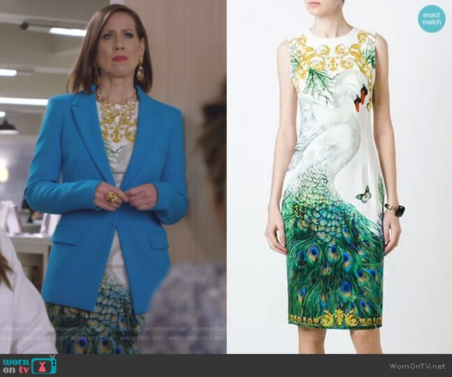 Swan and Peacock Print Fitted Dress by Versace Collection worn by Diana Trout (Miriam Shor) on Younger