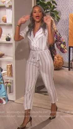 Eve’s white striped wrap jumpsuit on The Talk