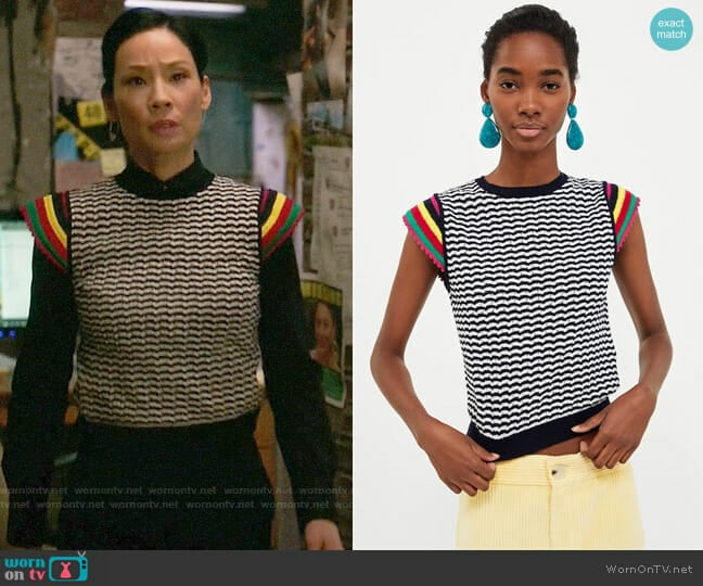 Zara Sweater with Crochet Sleeves worn by Joan Watson (Lucy Liu) on Elementary