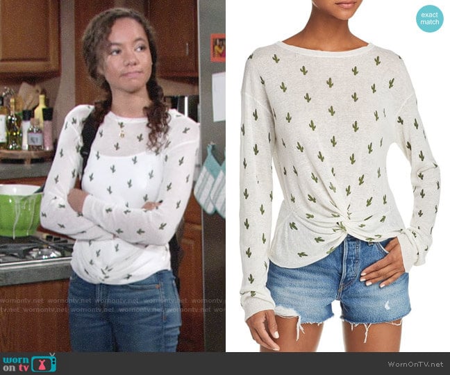 Aqua Cactus Print Twist-Front Sweater worn by Mattie Ashby (Lexie Stevenson) on The Young and the Restless