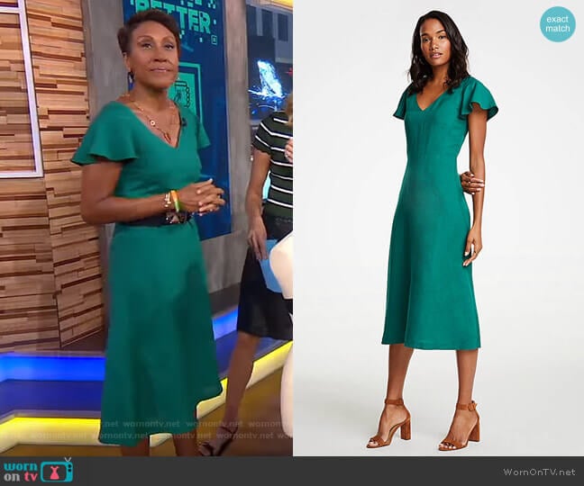 Flutter Sleeve Linen Blend Midi Dress by Ann Taylor worn by Robin Roberts on Good Morning America