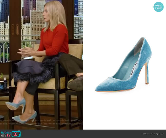 BB Velvet Point-Toe Pump by Manolo Blahnik worn by Kelly Ripa on Live with Kelly and Mark