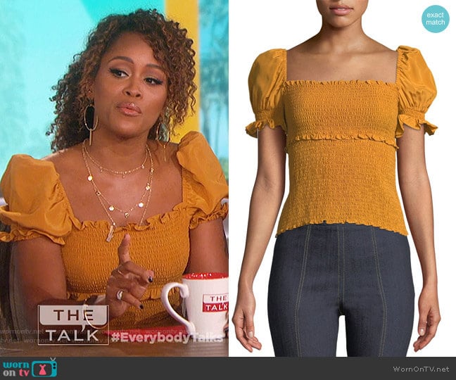 Ellis Smocked Short-Sleeve Top by Cinq a Sept worn by Eve on The Talk