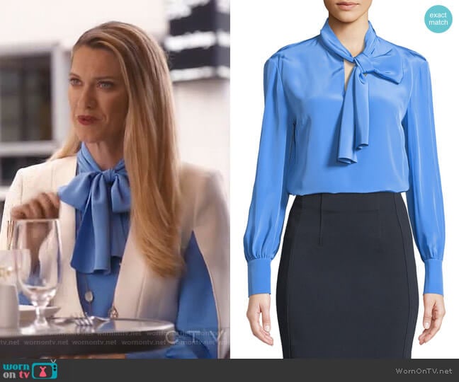 High Neck Long-Sleeve Silk Bow Blouse by Diane von Furstenberg worn by Sydney (Heather Doerksen) on Take Two