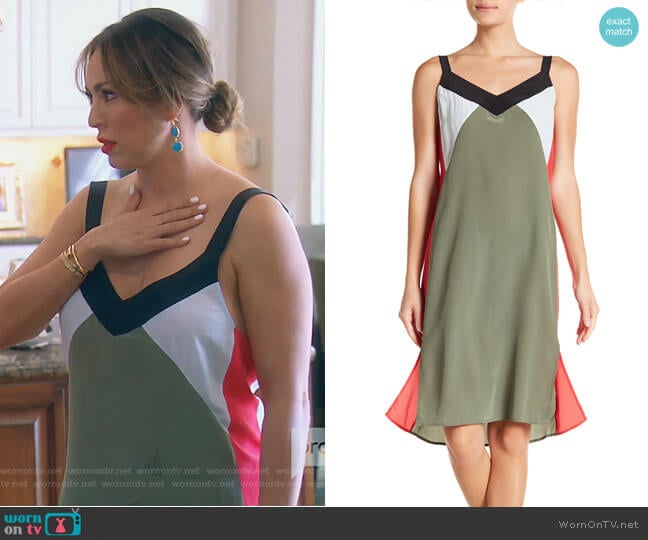 Robbi Silk Colorblock Slip Dress by Equipment worn by Kelly Dodd on The Real Housewives of Orange County