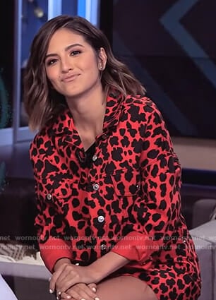 Erin’s red leopard print denim jacket and skirt on E! News The Rundown