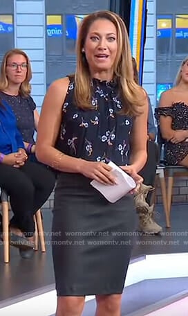 Ginger’s navy floral top and leather skirt on Good Morning America