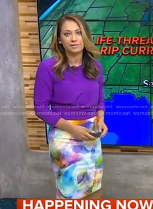 Ginger’s purple top and printed pencil skirt on Good Morning America