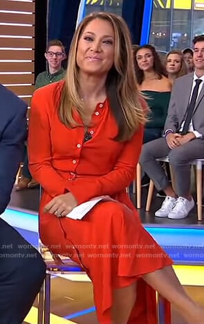 Ginger’s red asymmetric button down dress on Good Morning America