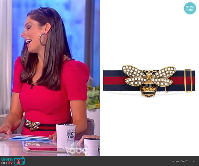 Embellished Bee Clasp Web Stripe Belt by Gucci worn by Abby Huntsman on The View