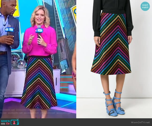 Metallic Striped Knit Skirt by Gucci worn by Sara Haines on Good Morning America