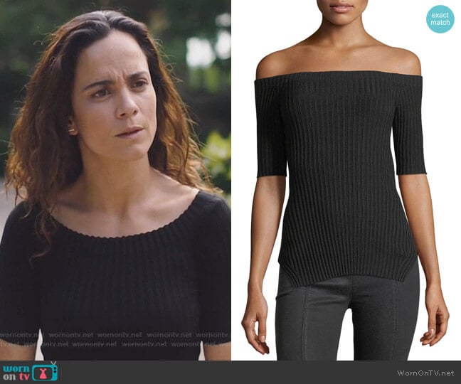 Off-the-Shoulder Short-Sleeve Ribbed Silk Top by Helmut Lang worn by Teresa Mendoza (Alice Braga) on Queen of the South