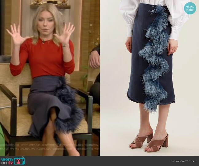 High-Rise Feather-Embellished Midi Skirt by Johanna Ortiz worn by Kelly Ripa on Live with Kelly and Mark