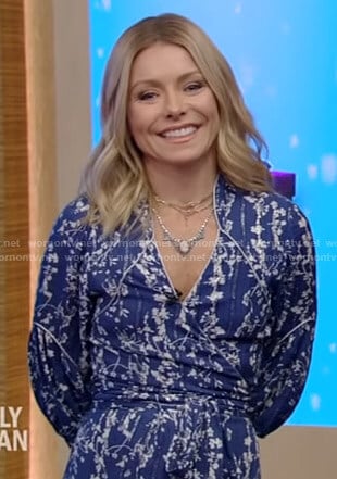 Kelly’s blue floral wrap dress on Live with Kelly and Ryan