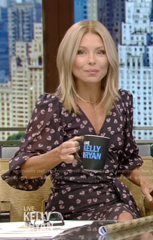 Kelly's purple printed wrap dress on Live with Kelly and Ryan